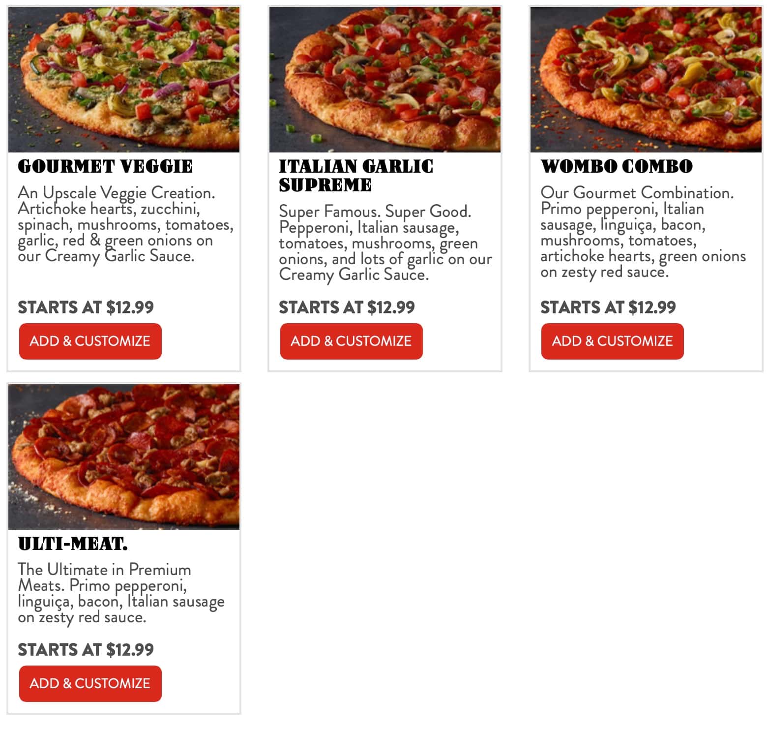 Round Table Pizza Specialty Pizzas Menu