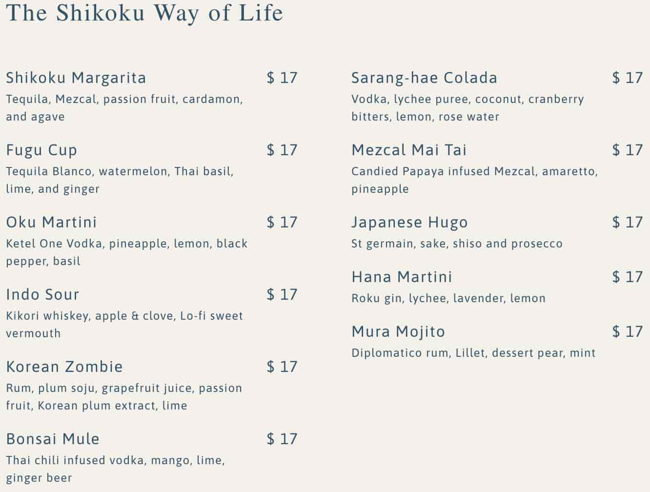 Takato Cocktails Menu