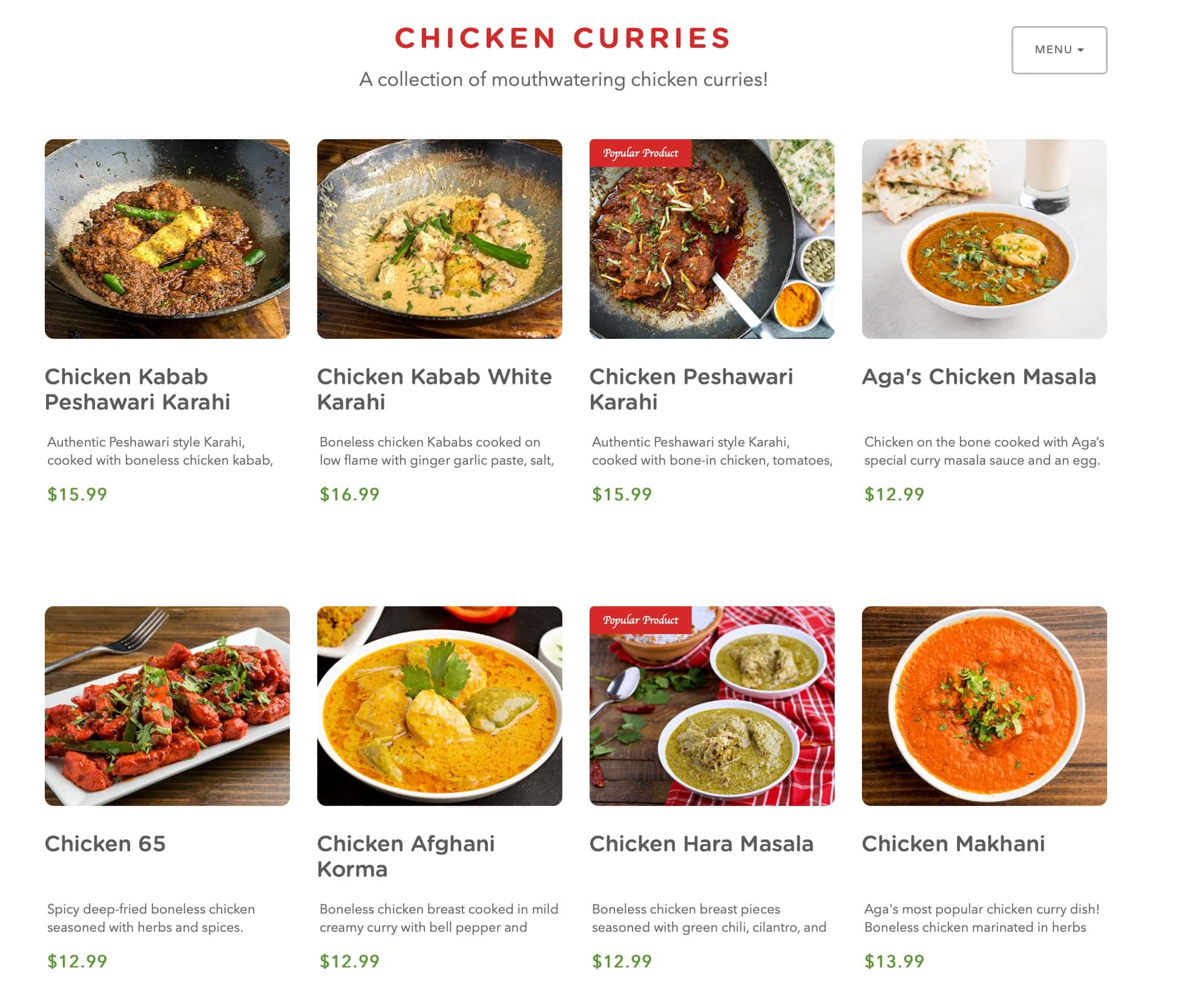 Aga's Restaurant and Catering Chicken Curries Menu