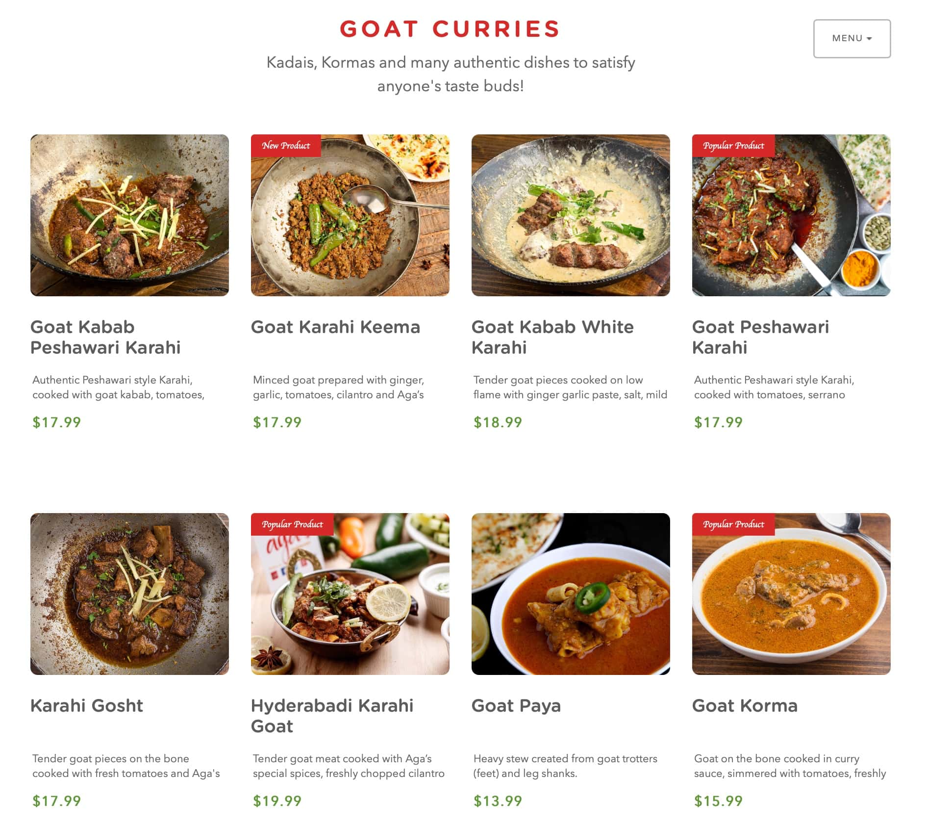 Aga's Restaurant and Catering Goat Curries Menu