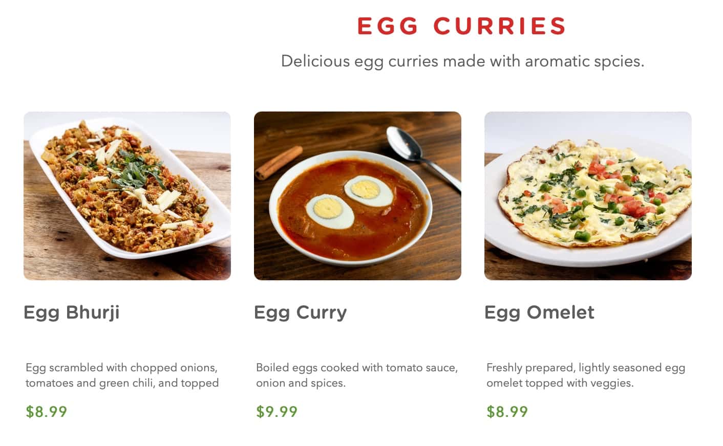 Aga's Restaurant and Catering Egg Curries Menu