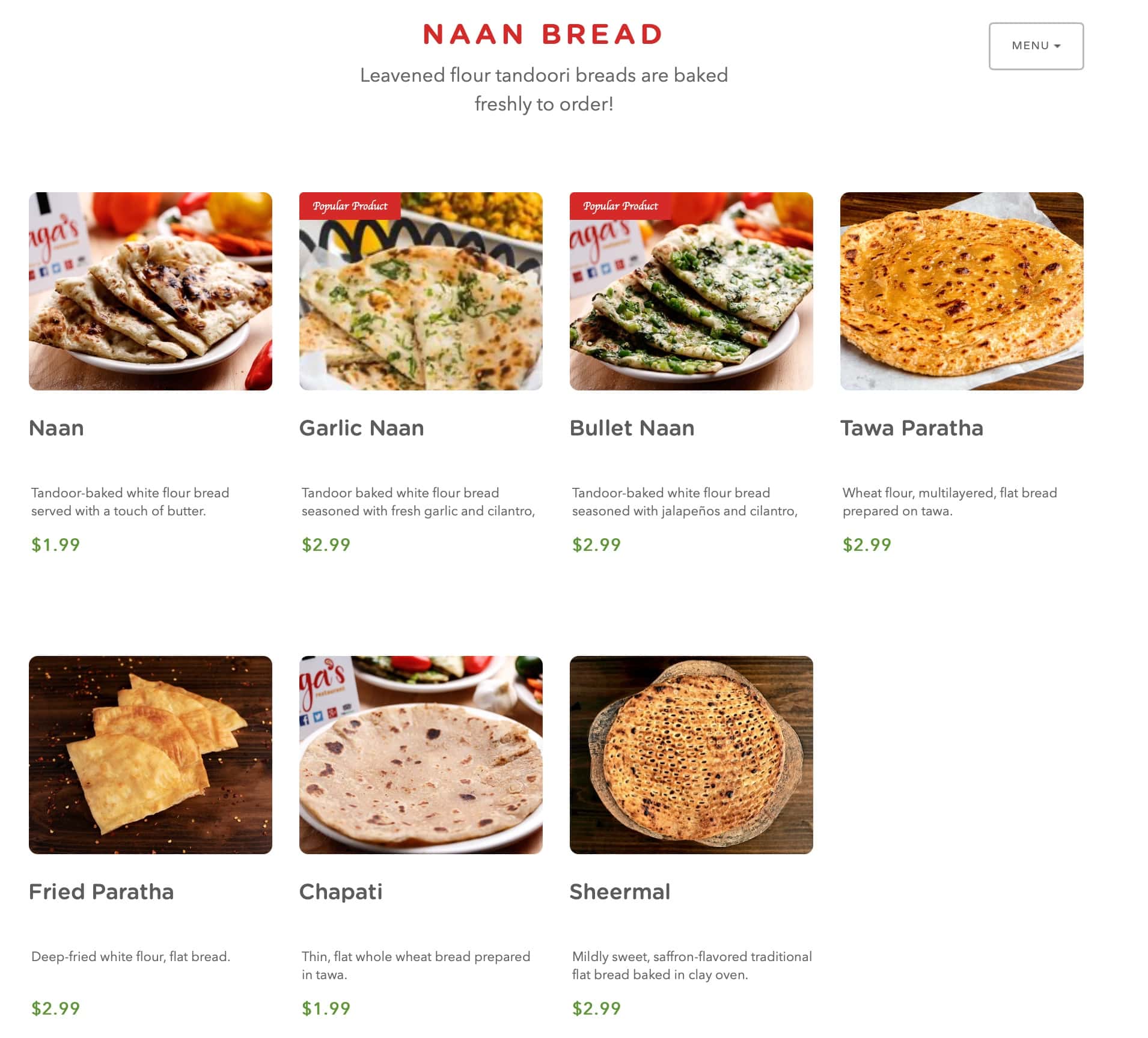 Aga's Restaurant and Catering Naan Bread Menu