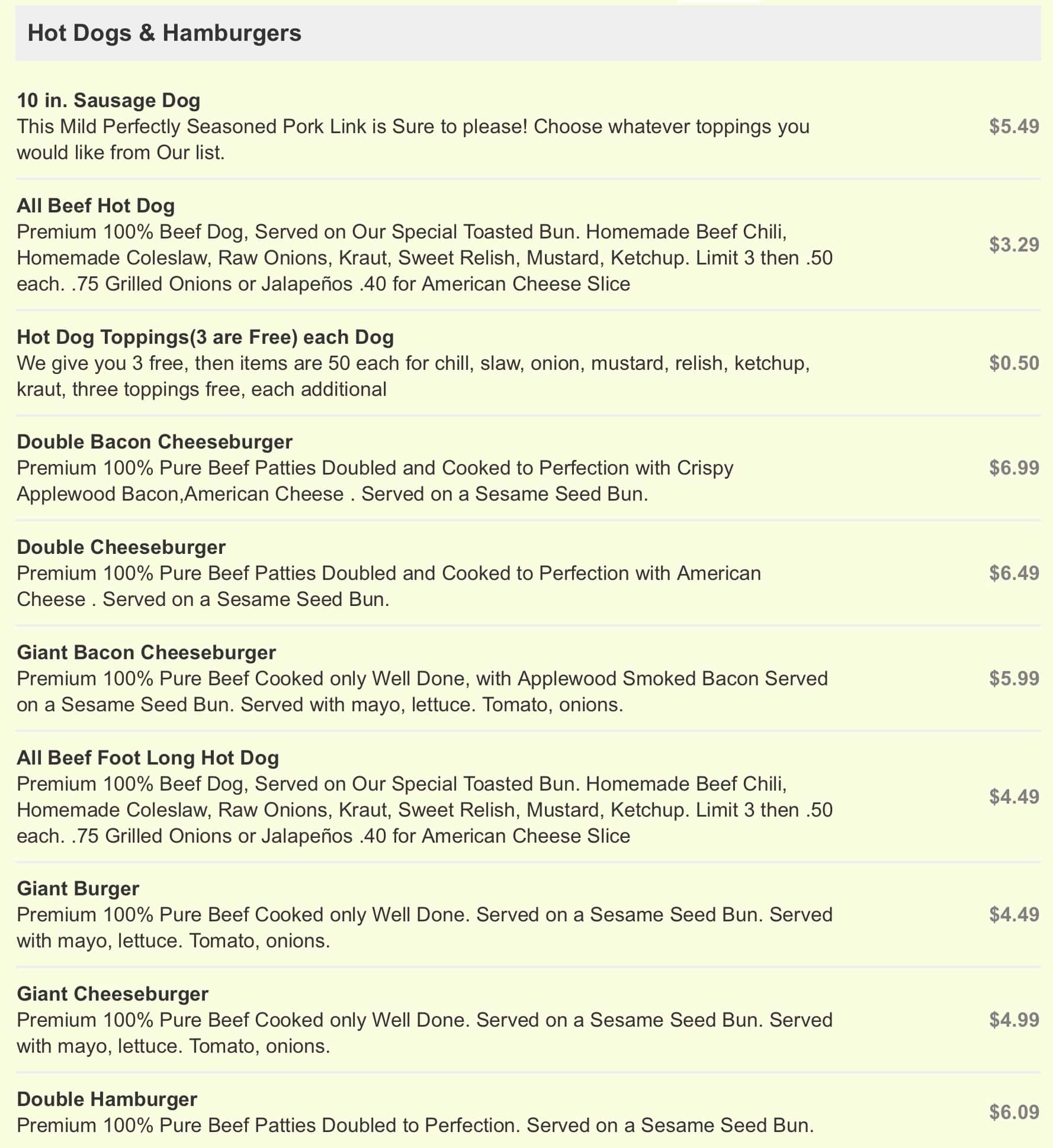 All American Hot Dog and Sandwiches Menu With Prices