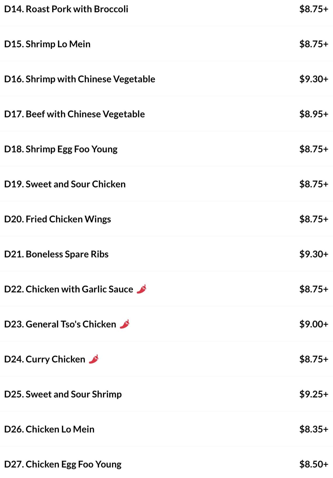 China Garden Dinner Specials Menu