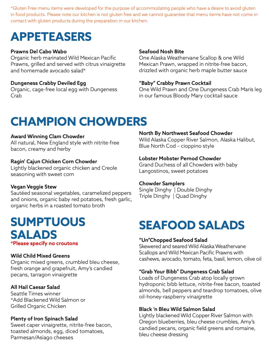 Duke's Seafood and Chowder Gluten Free Menu