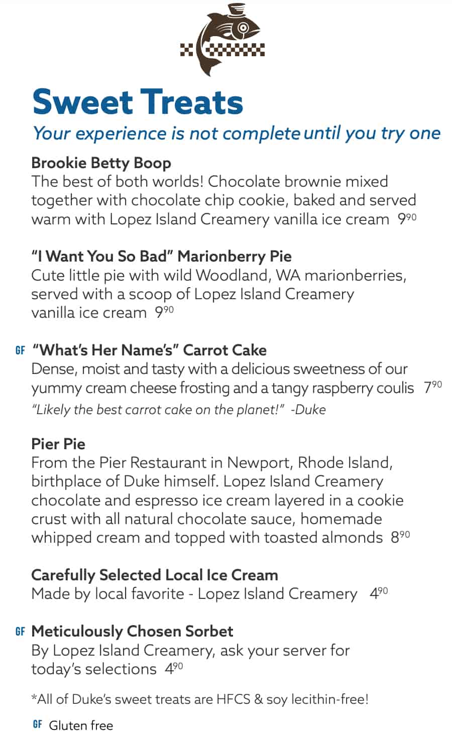 Duke's Seafood and Chowder Dessert Menu