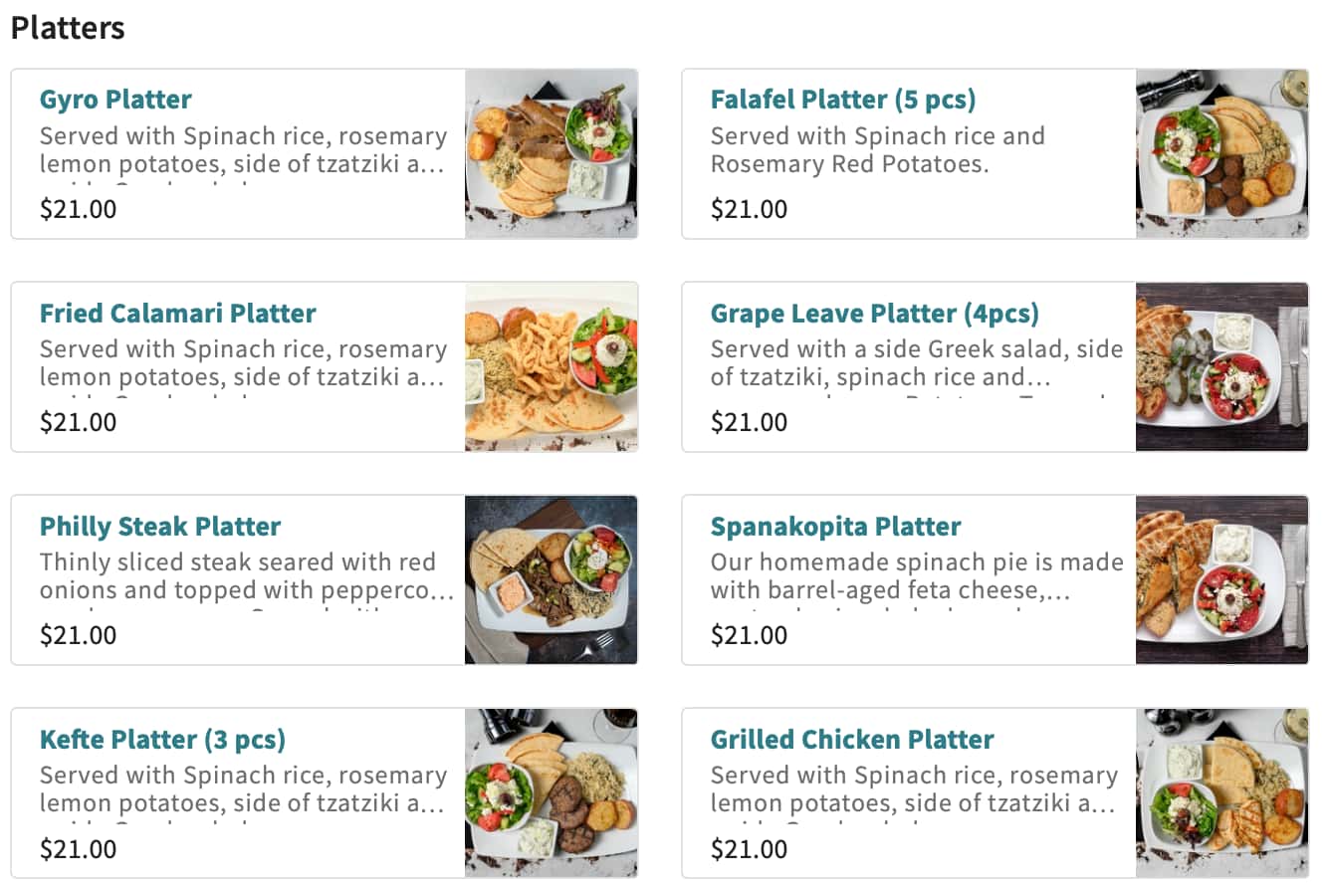 ethos Greek Bistro Platters Menu