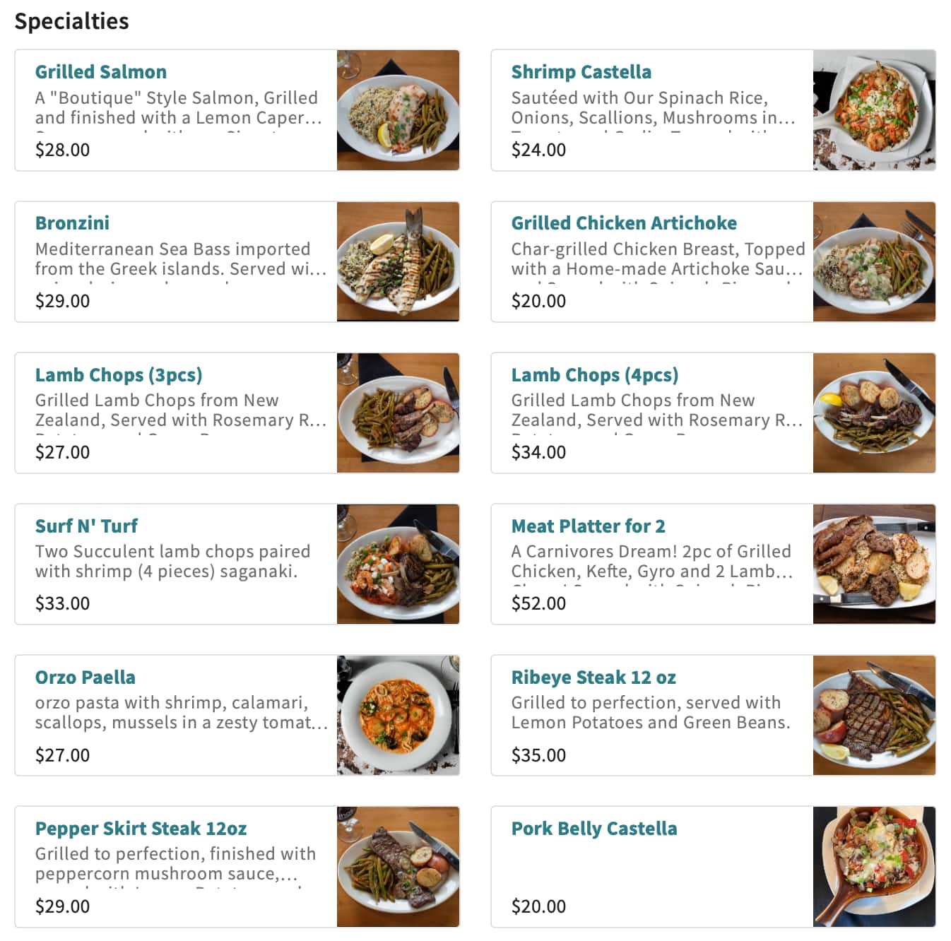 ethos Greek Bistro Specialties Menu