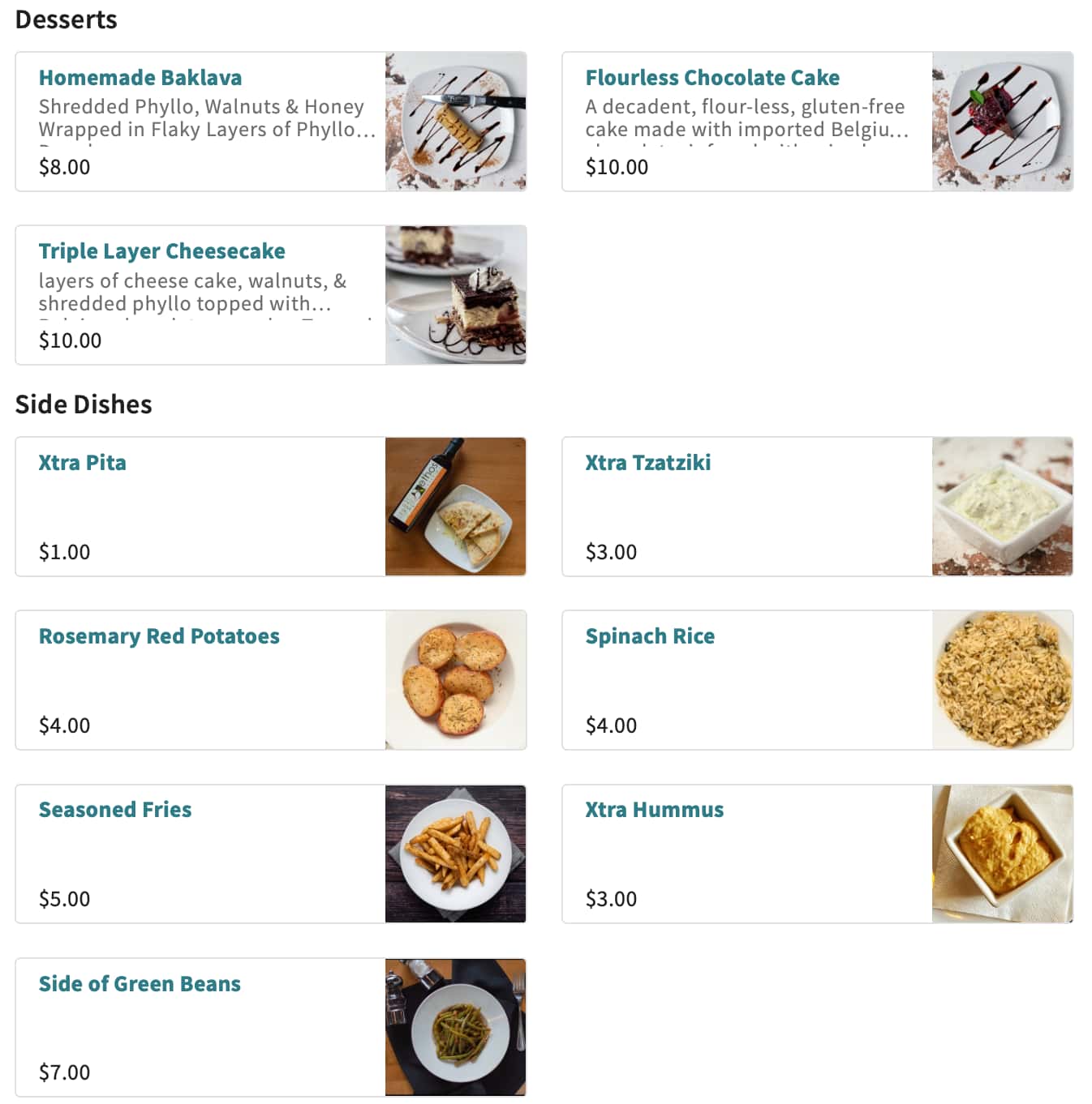 ethos Greek Bistro Desserts and Sides Menu