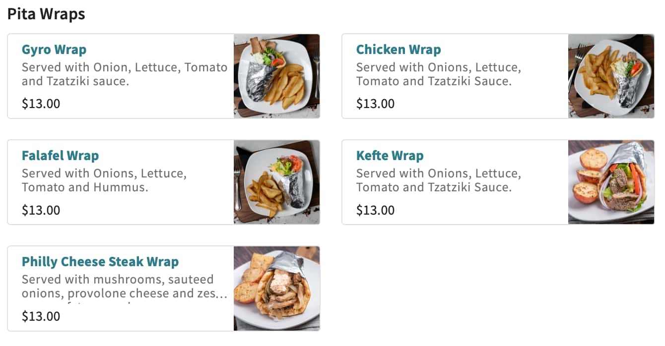 ethos Greek Bistro Pita Wraps Menu