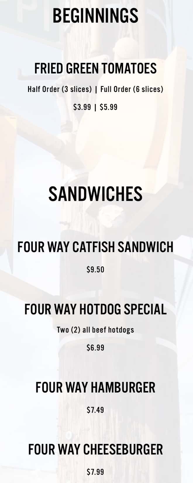 Four Way Restaurant Menu With Prices