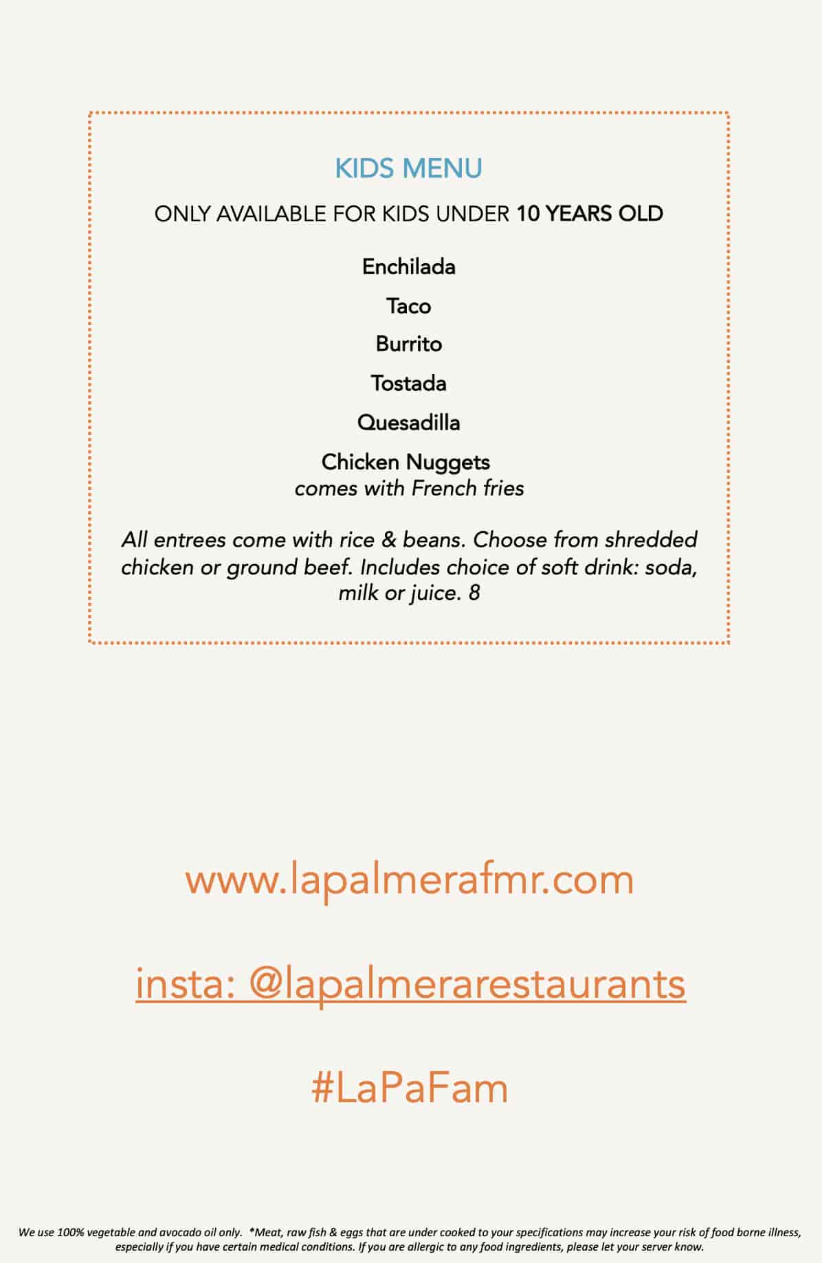 La Palmera Mexican Restaurant Lunch Menu