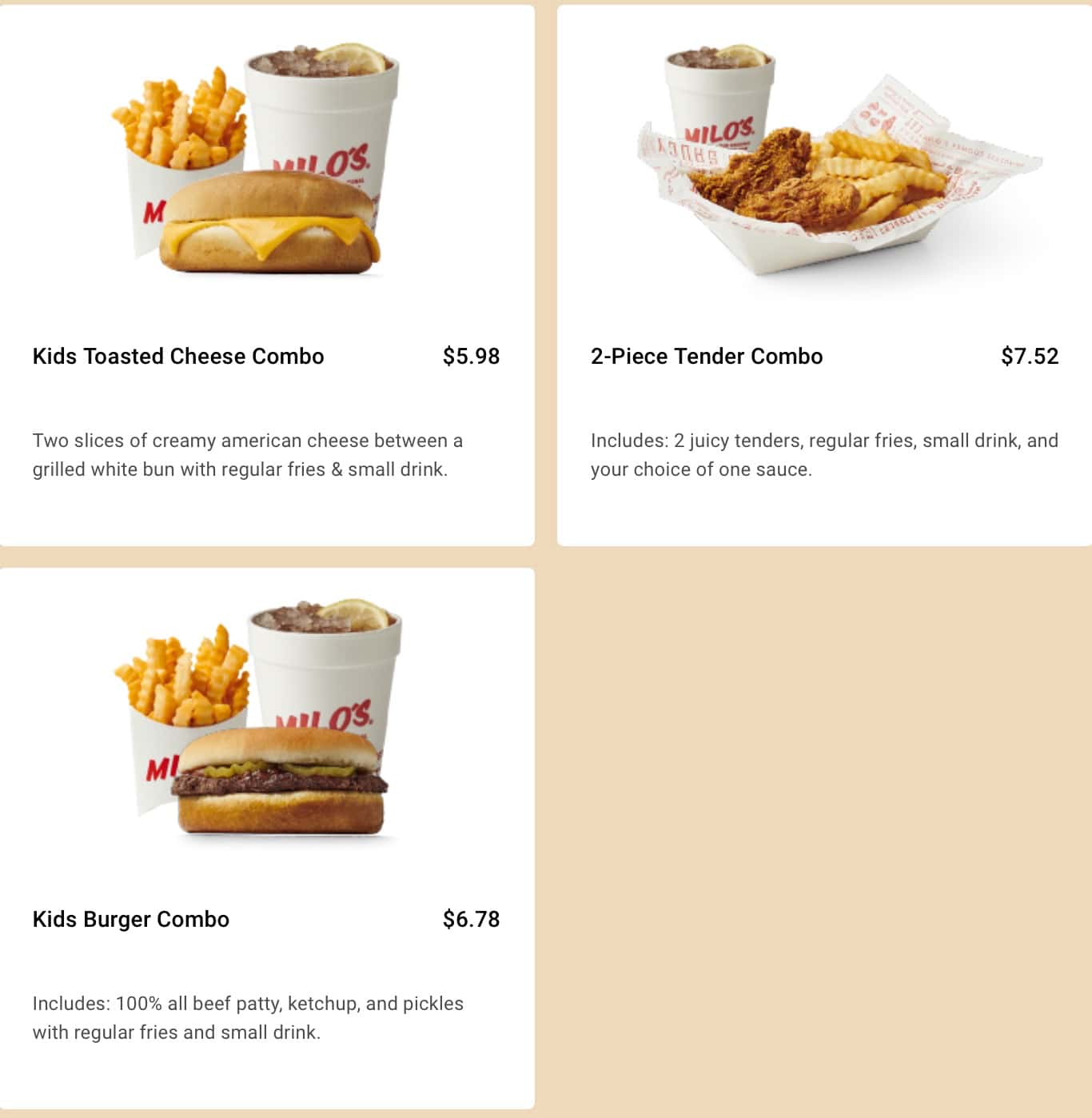 Milo's Hamburgers Junior Meals Menu