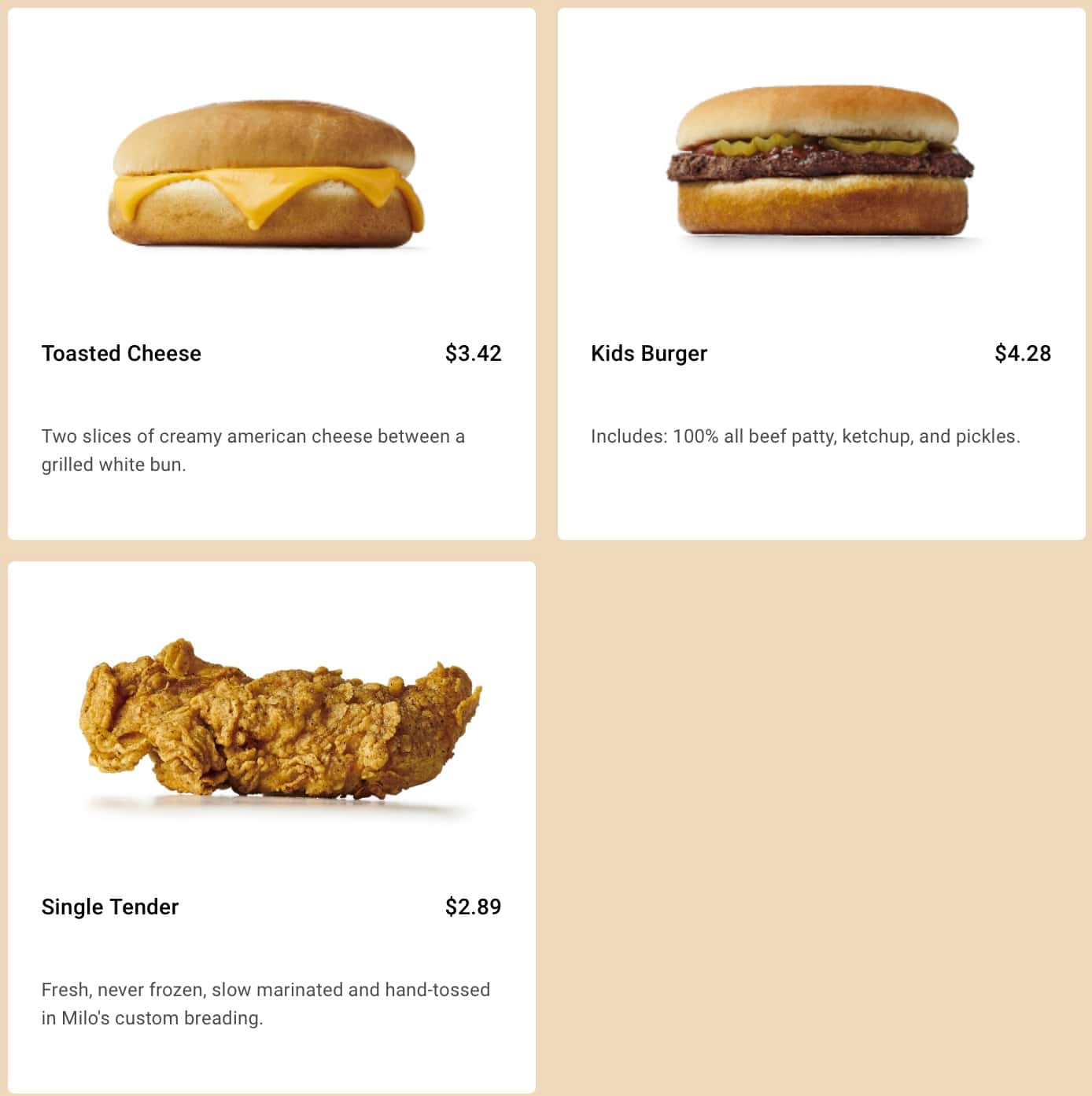 Milo's Hamburgers Junior Meals Menu