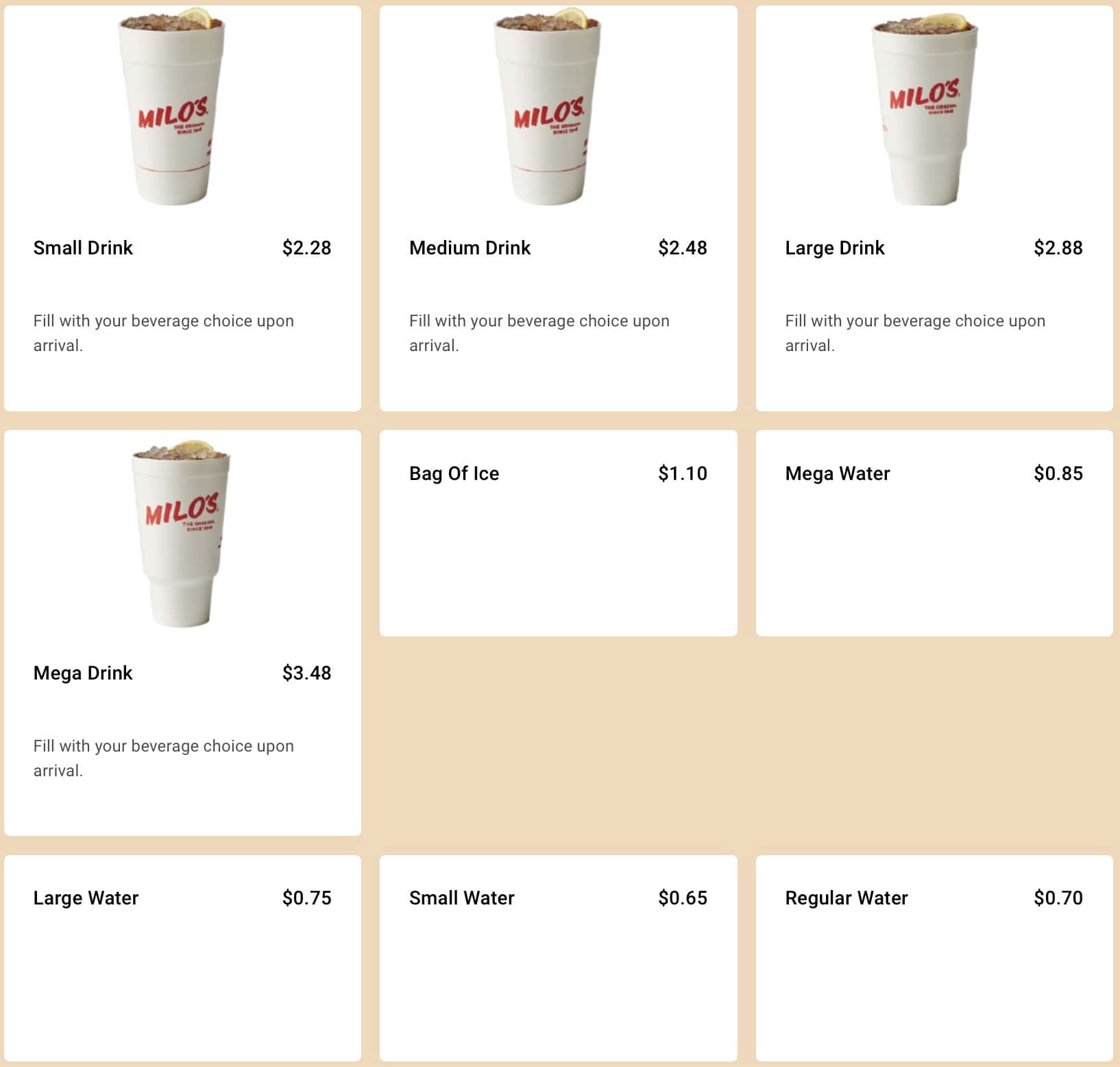 Milo's Hamburgers Drinks Menu