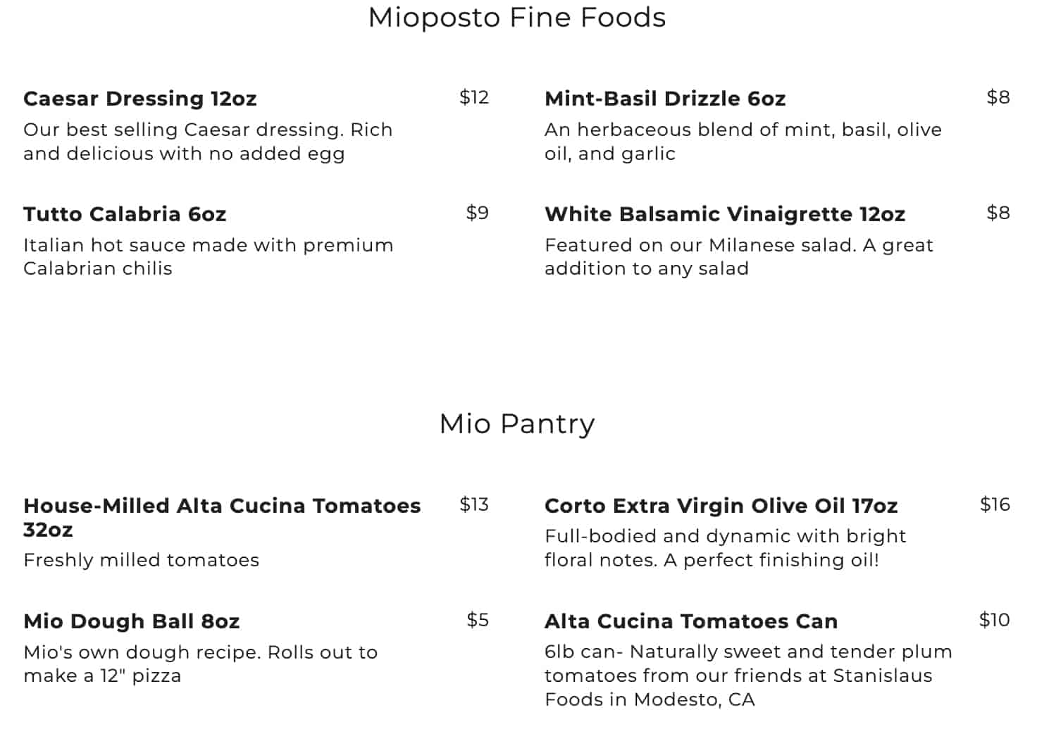 Mioposto Meal Kits and Pantry Menu