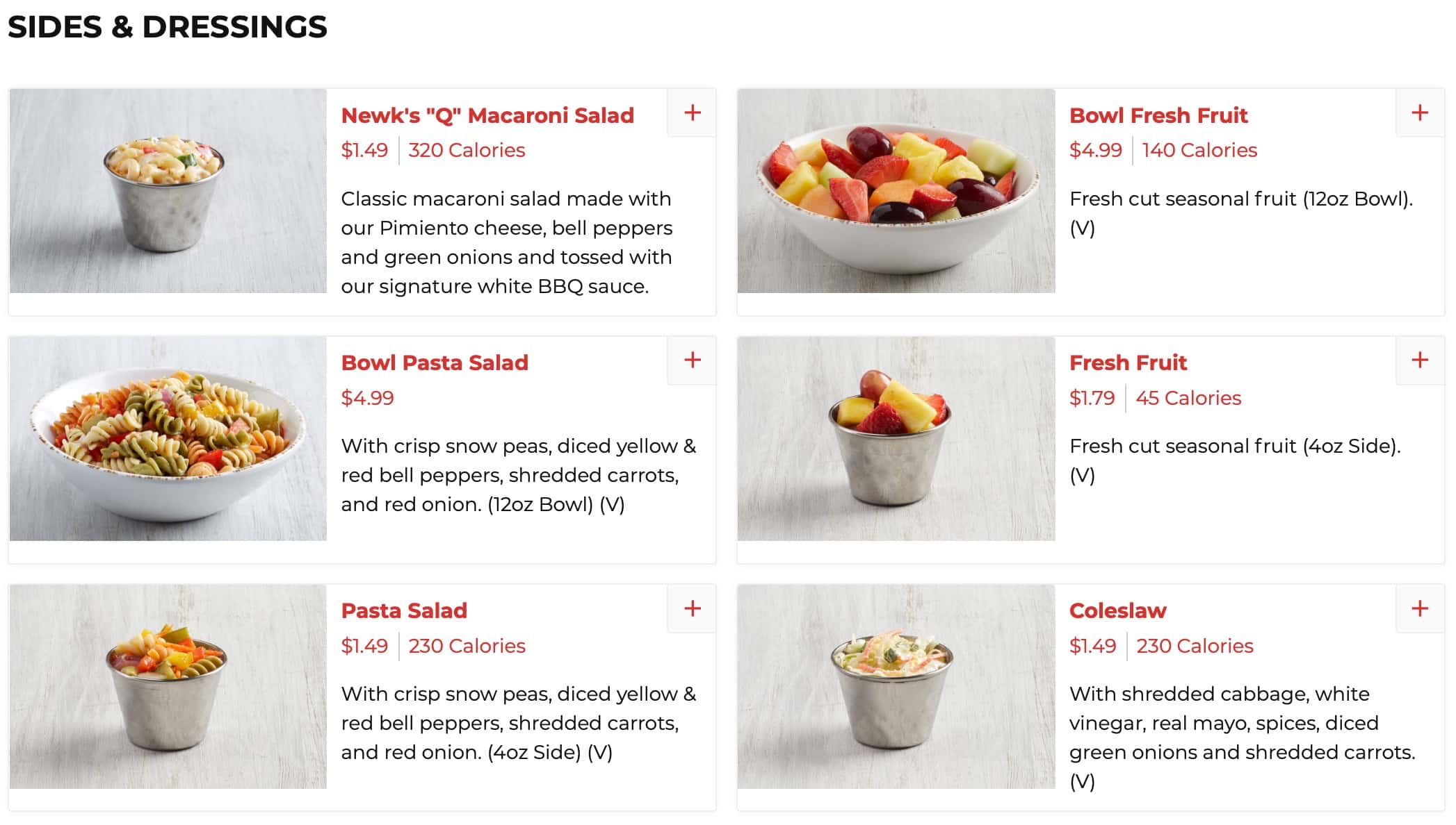 Newk's Eatery Sides and Dressings Menu