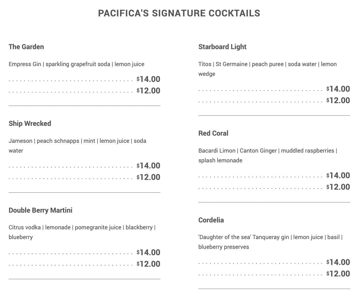 Pacifica Seafood Restaurant Cocktail Menu