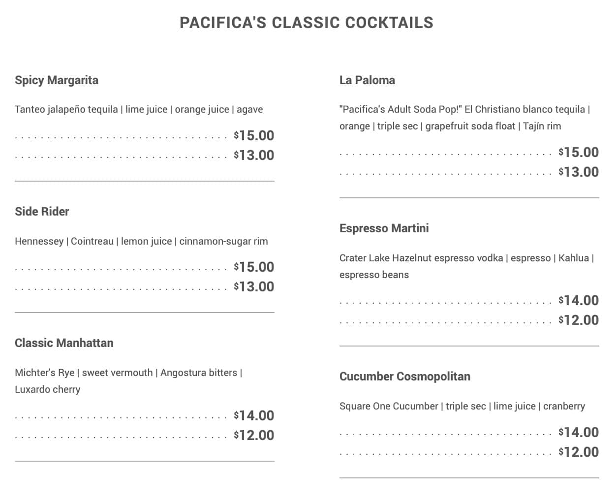 Pacifica Seafood Restaurant Cocktail Menu