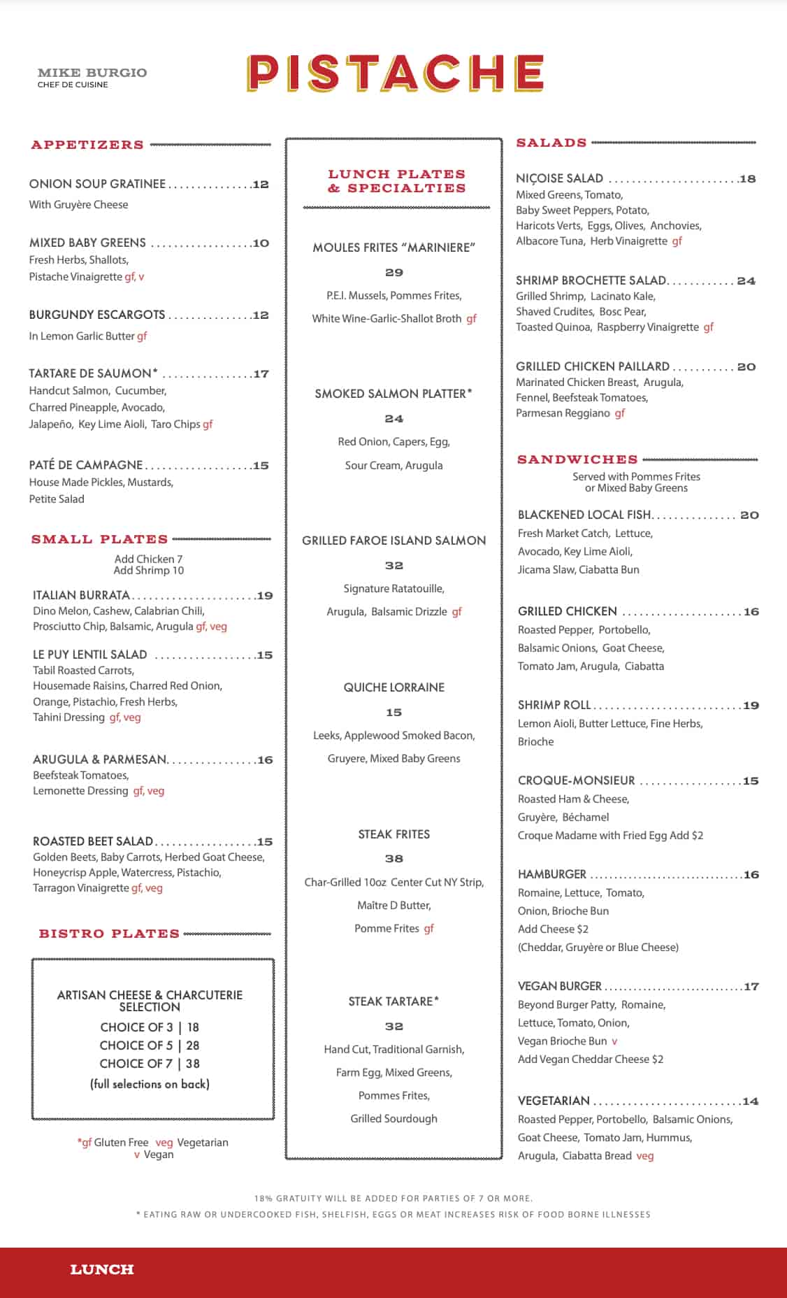 Pistache French Bistro Menu With Prices