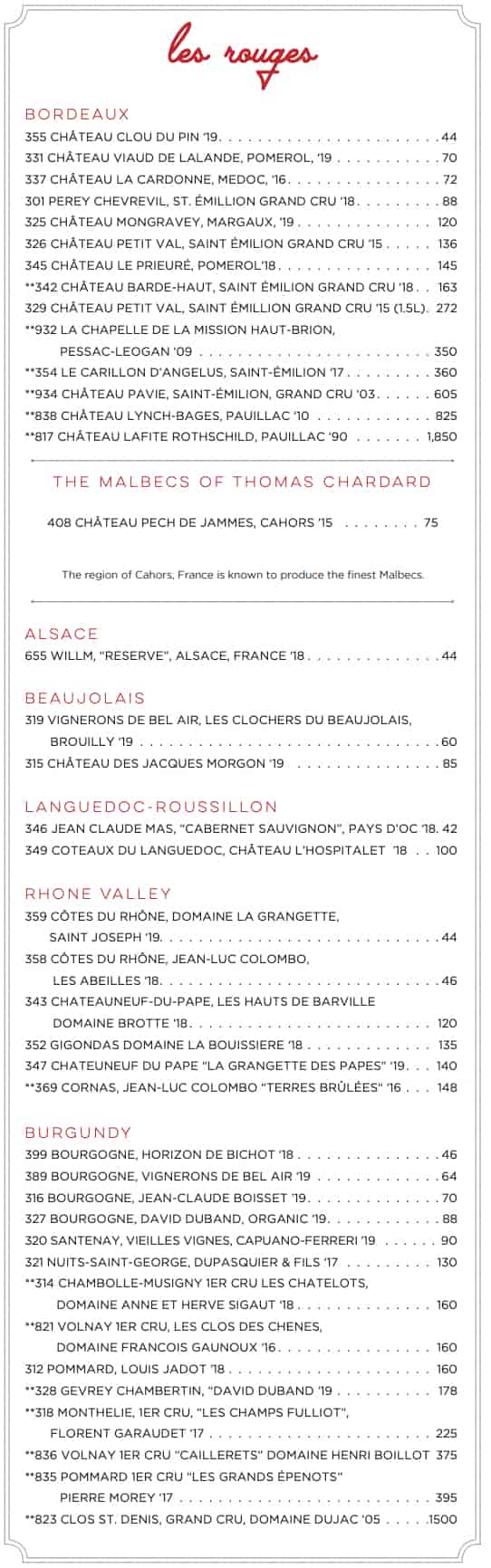 Pistache French Bistro Wine List Menu