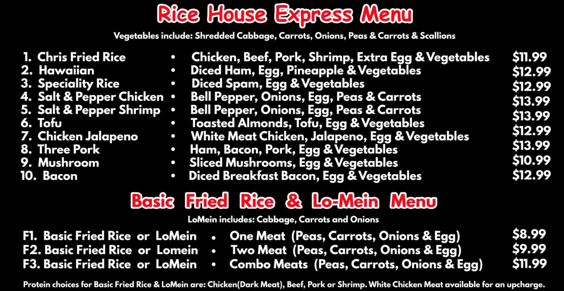Rice House Express Main Menu