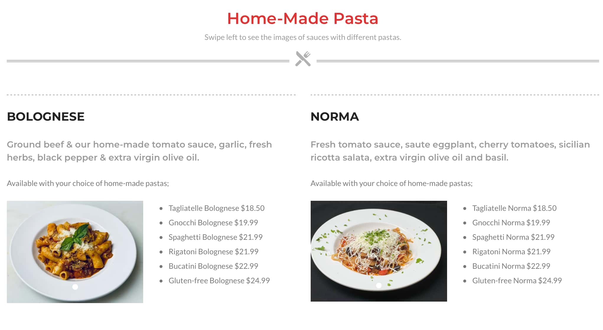 The Etna Rosso Ristorante Home-made pasta Menu