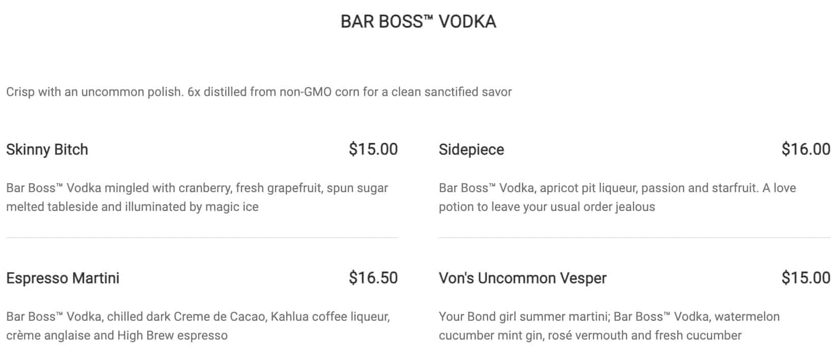 Von\'s 1000 Spirits Cocktails, Wine, and Beer Menu