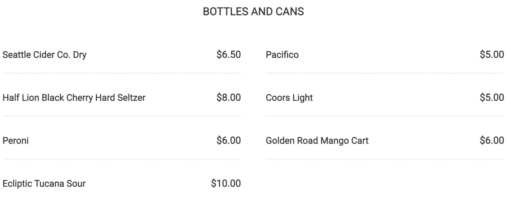 Von's 1000 Spirits Seattle Cocktails, Wine, and Beer Menu