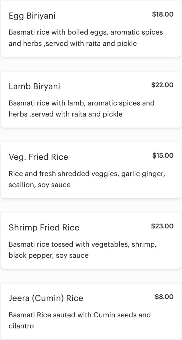 Aroma Indian Restaurant West Palm Beach Rice Dishes Menu