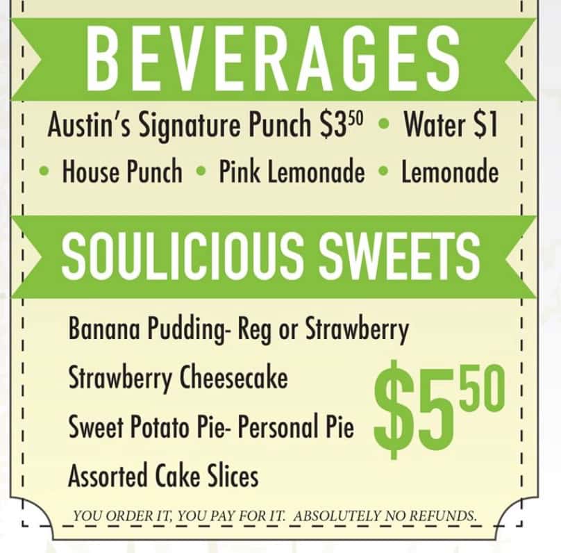 Austin's Soul Food Drinks and Desserts Menu