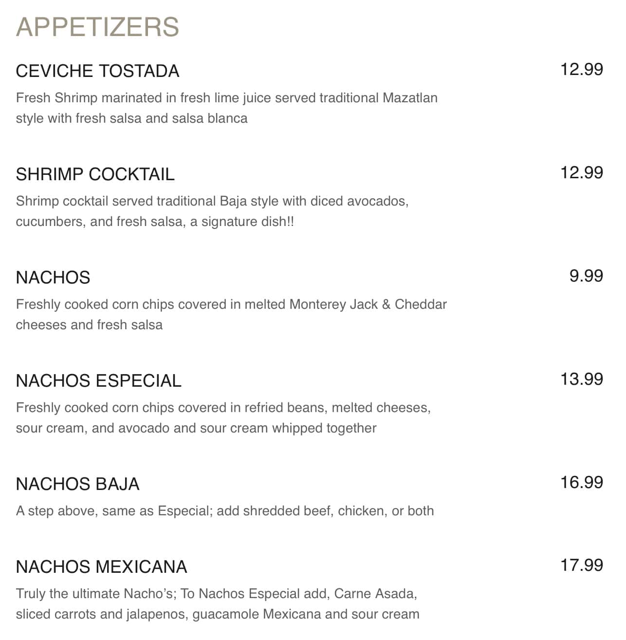 Baja\'s Mexican Restaurant Menu With Prices