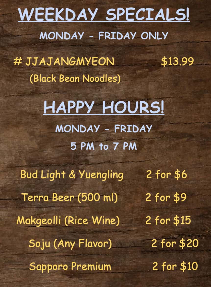 BBB Tofu House Specials and Happy Hour Menu