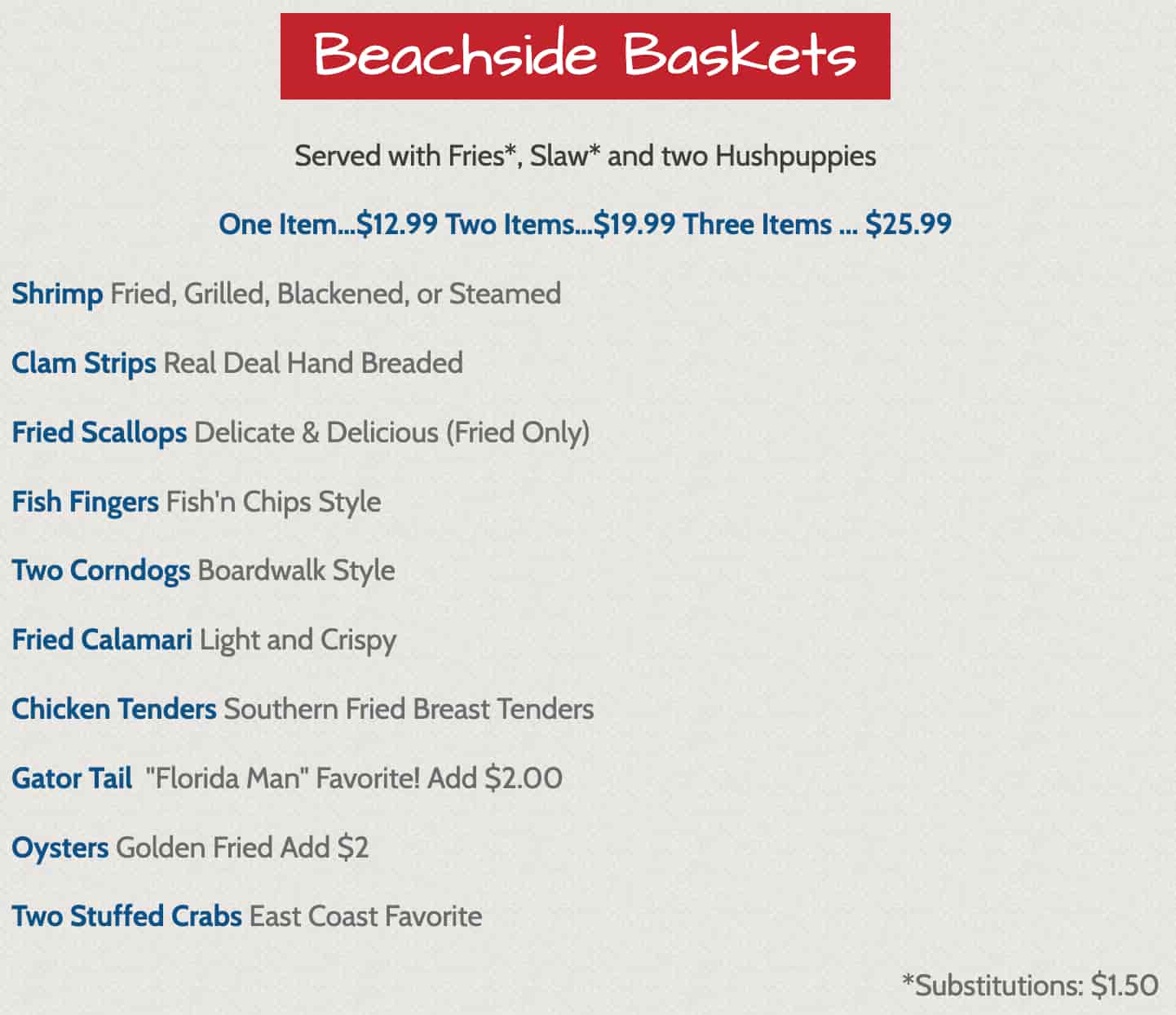 Beachside Seafood Restaurant and Market Platters and Baskets Menu