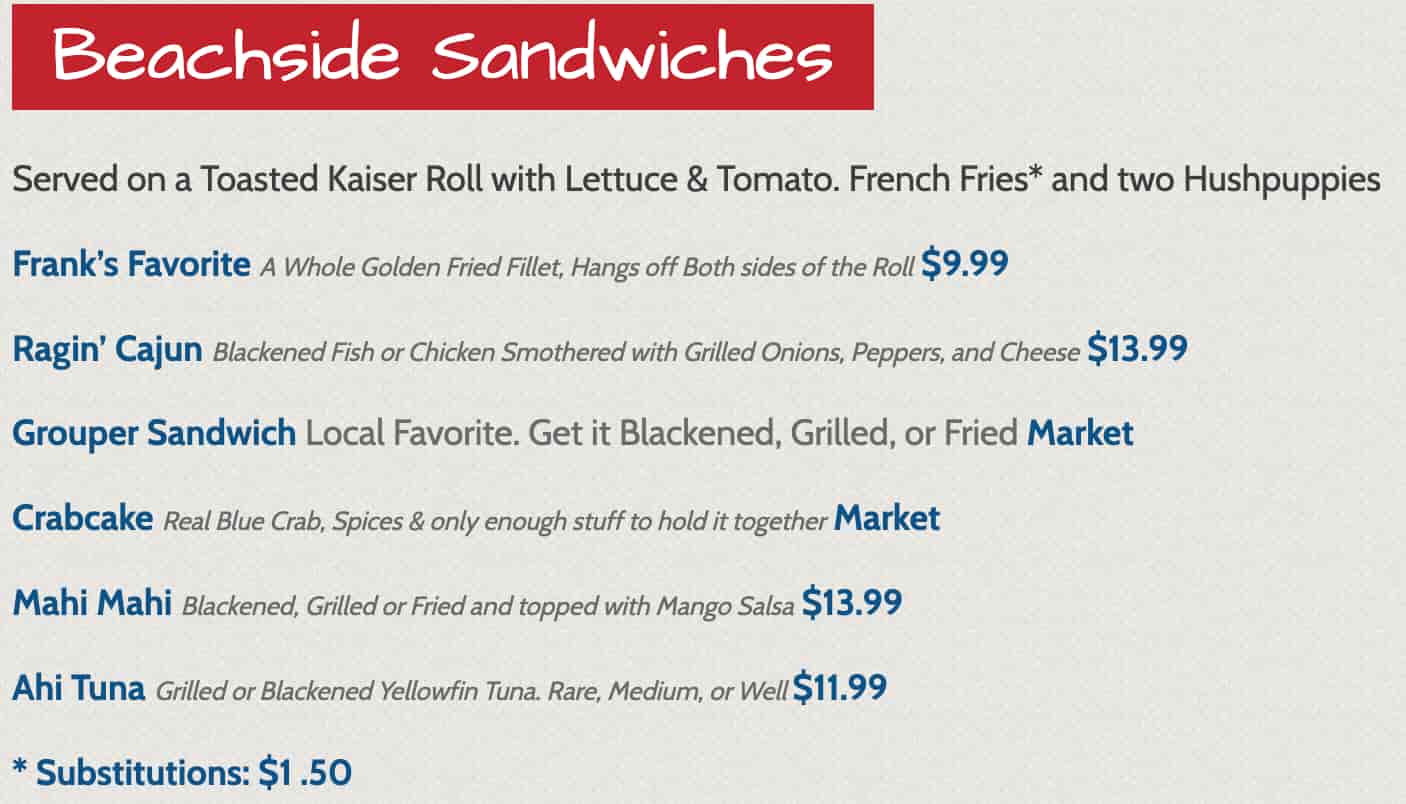 Beachside Seafood Restaurant and Market Sandwiches and Po Boys Menu