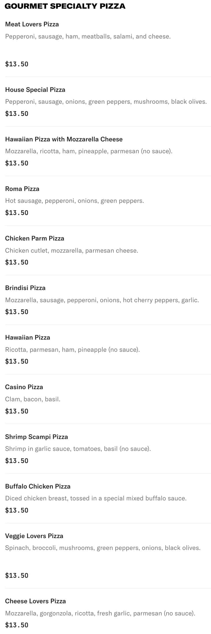 Bono Pizza and Pasta West Palm Beach Pizza Menu