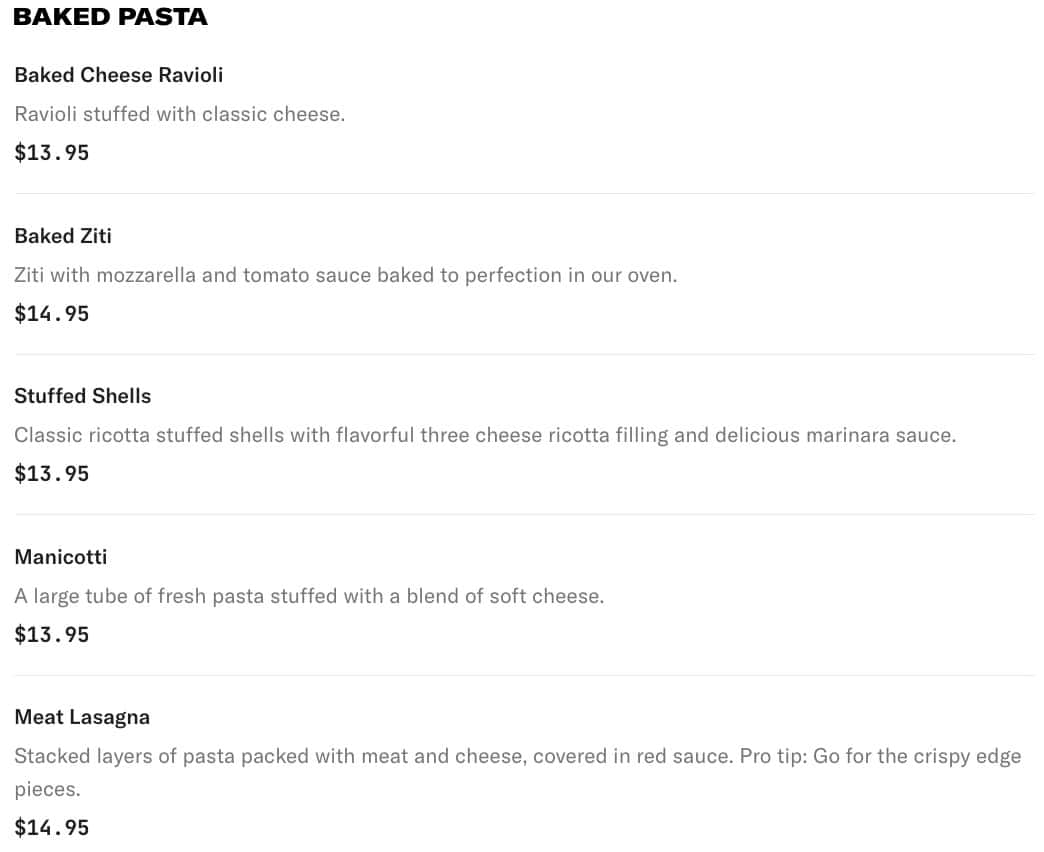 Bono Pizza and Pasta Pasta Menu