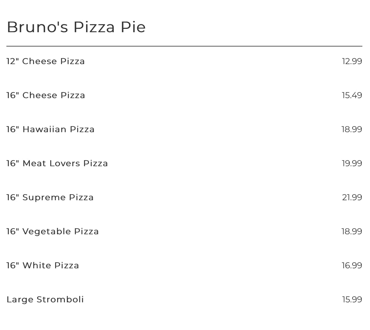 Bruno\'s Pizza Pie Pizza Menu