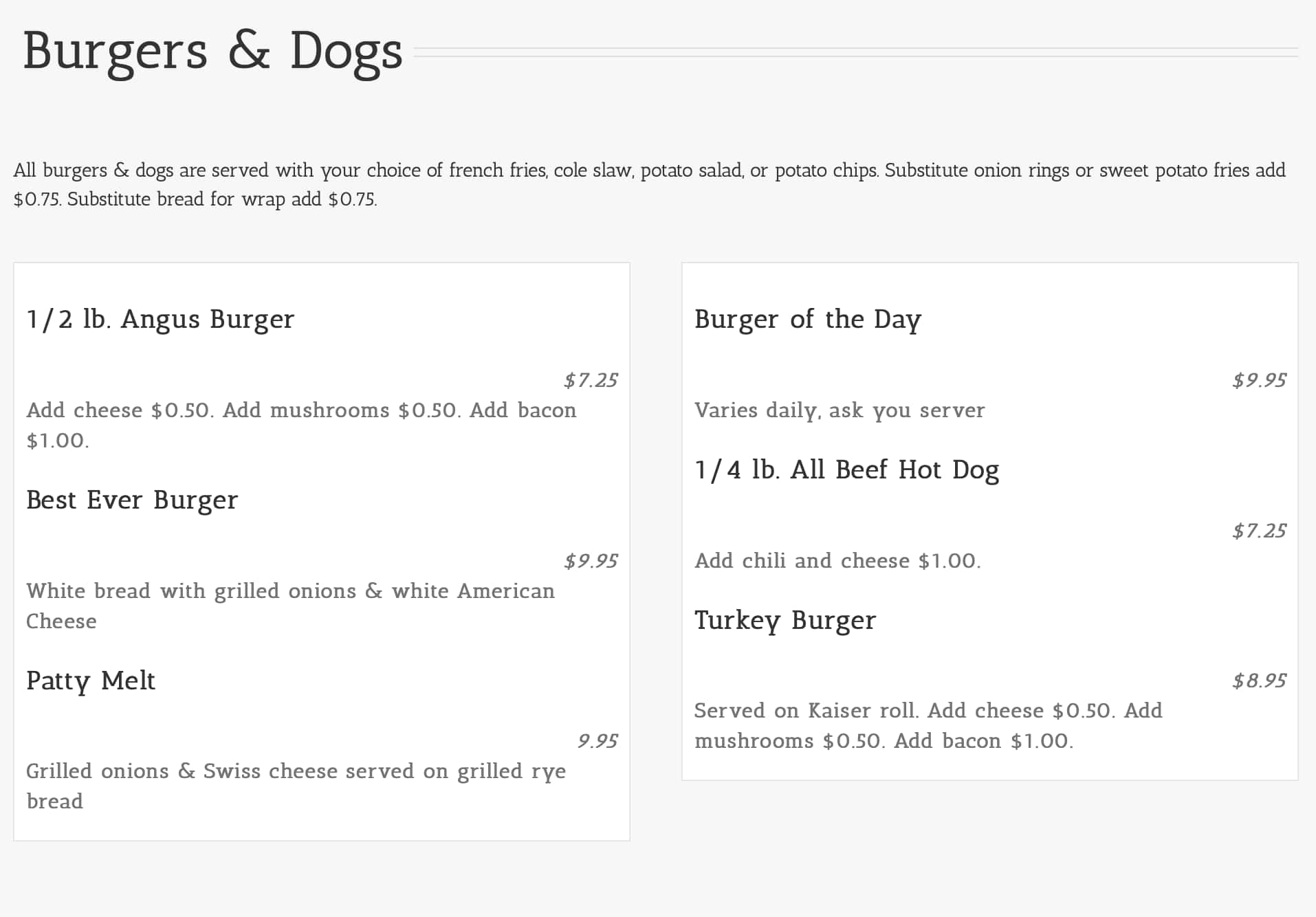 Bryson's Irish Pub Burgers and Dogs Menu