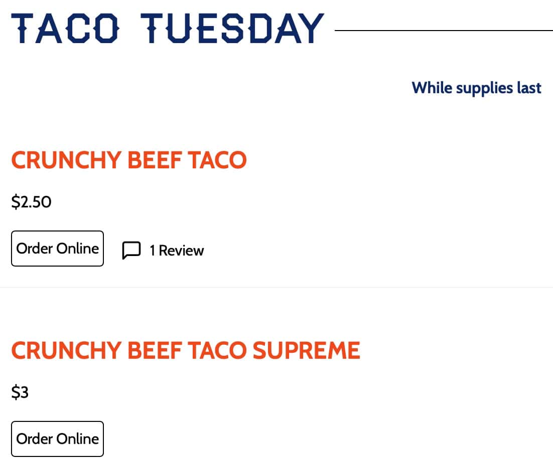 Burrito Gallery Taco Tuesday Menu