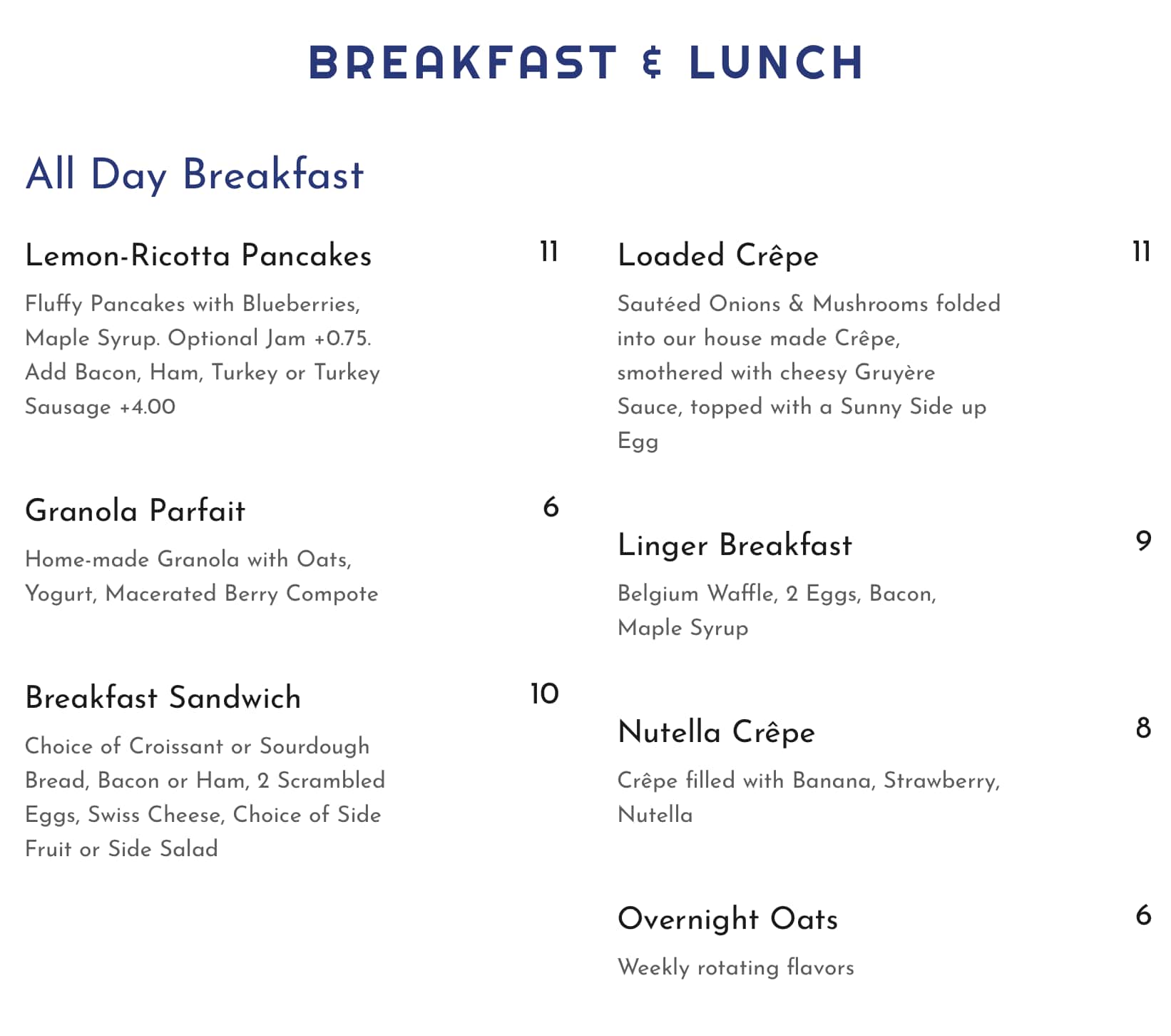 Cafe Linger Orlando Breakfast and Lunch Menu