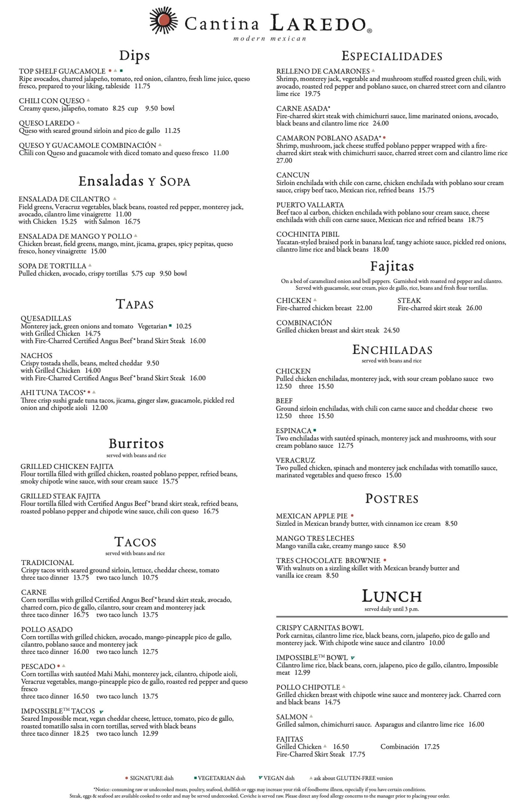 Cantina Laredo Tyler Lunch and Dinner Menu