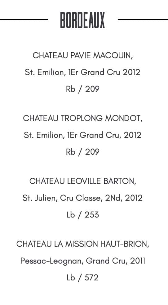 Chophouse Thirteen Wine List Menu