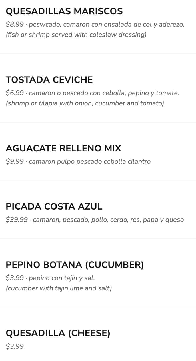 Costa Azul Seafood Restaurant Appetizers Menu
