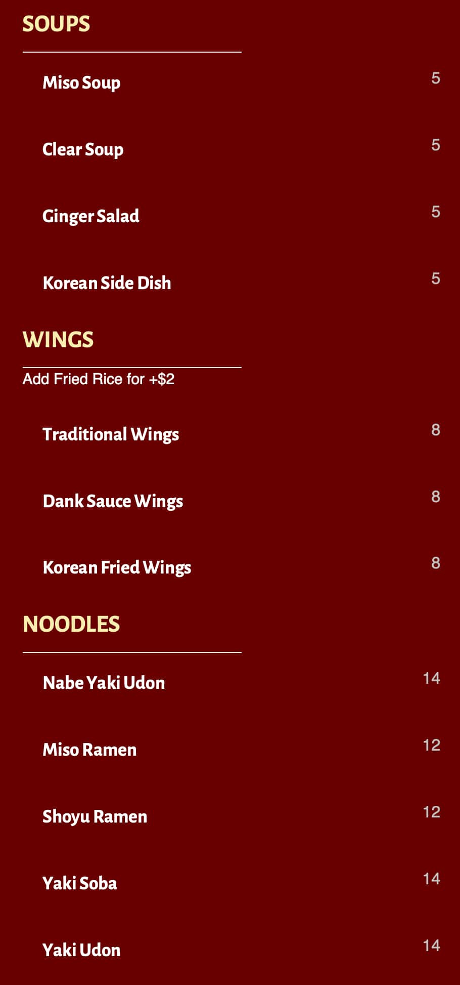 Danketsu Soups, Wings, and Noodles Menu