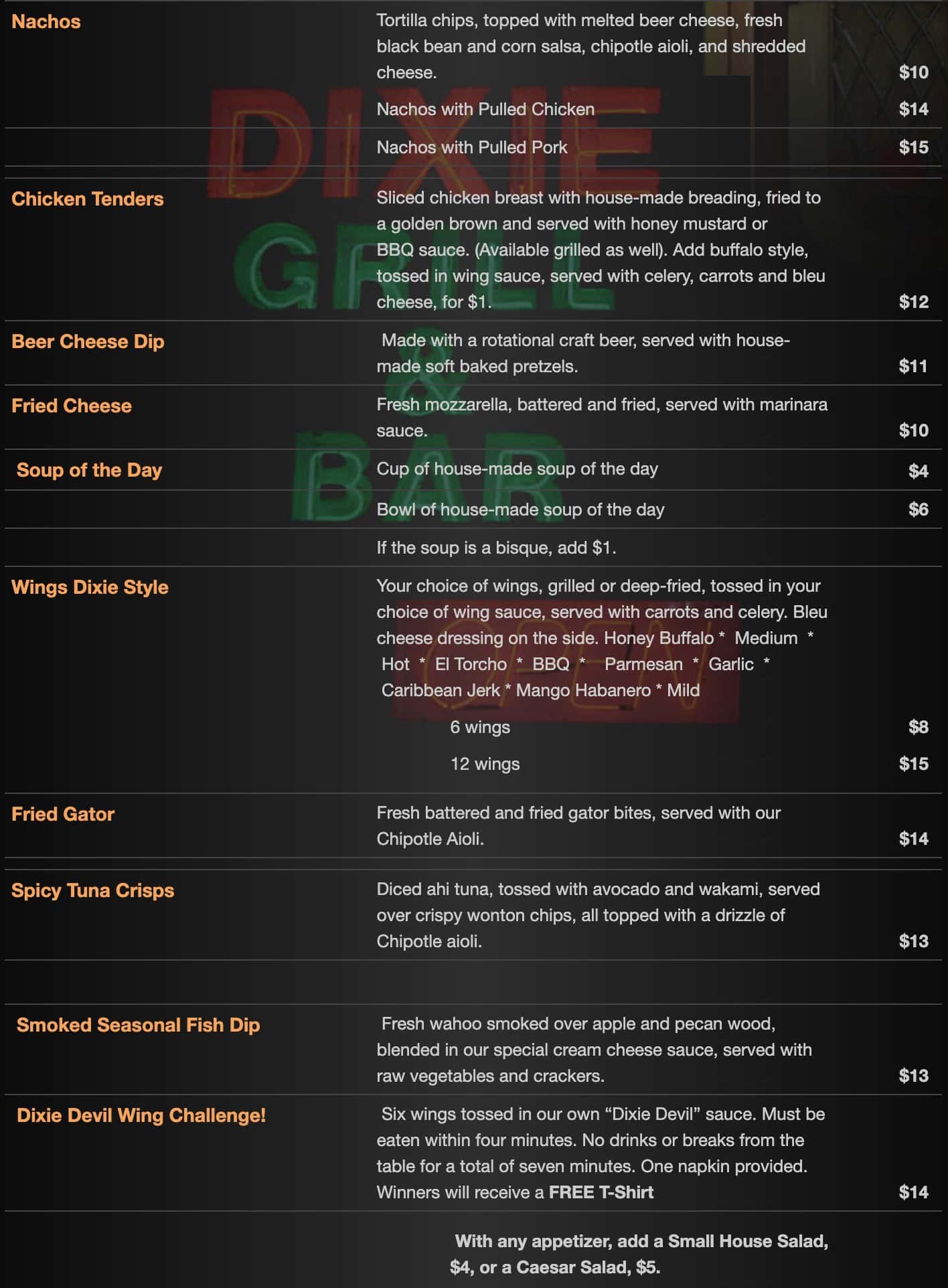 Dixie Grill and Brewery West Palm Beach Appetizers Menu