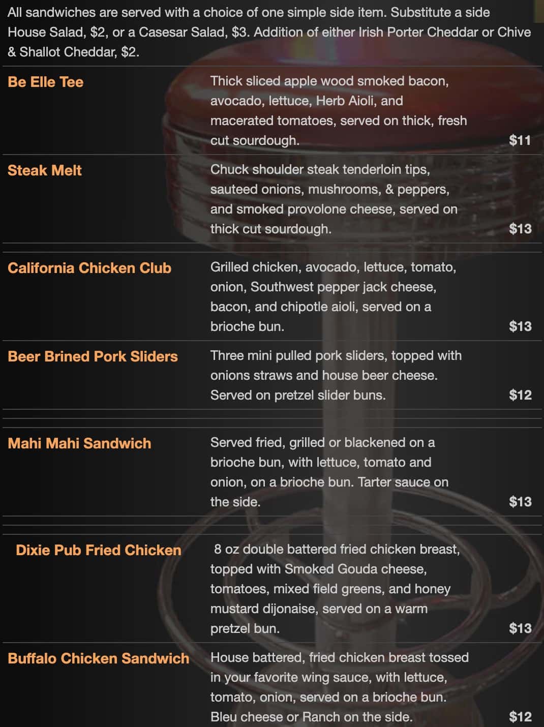 Dixie Grill and Brewery Sandwiches Menu