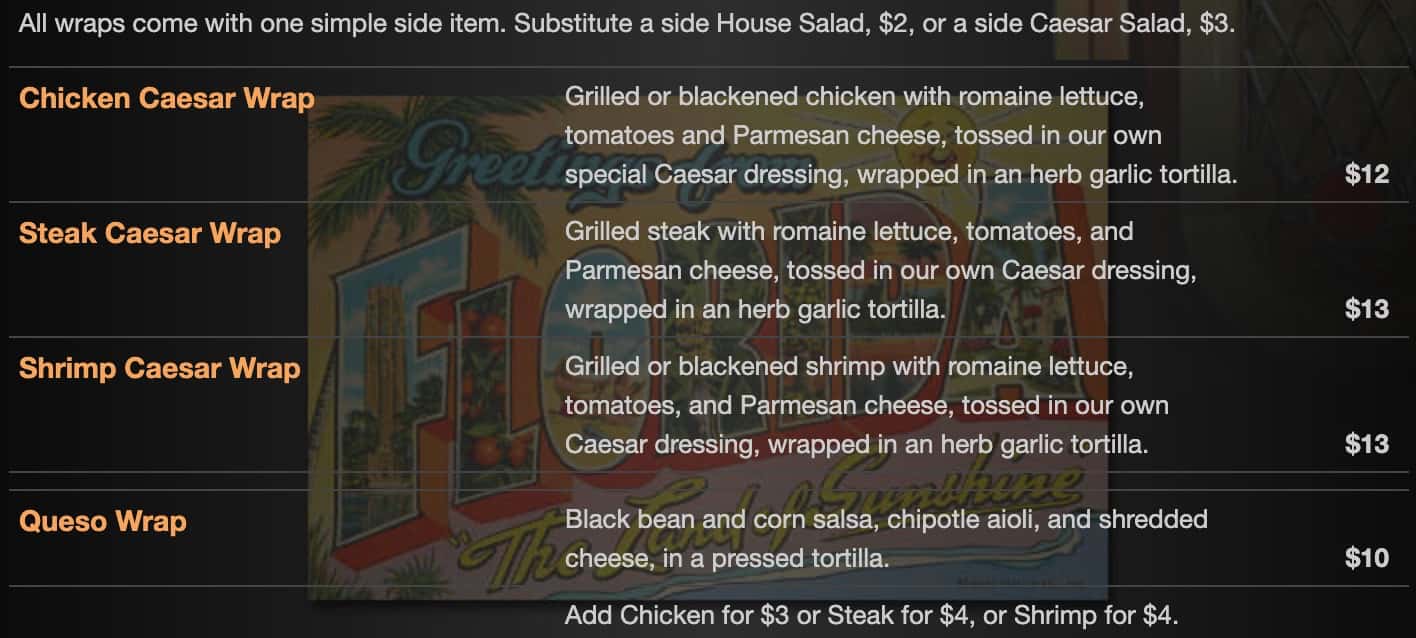 Dixie Grill and Brewery Wraps Menu