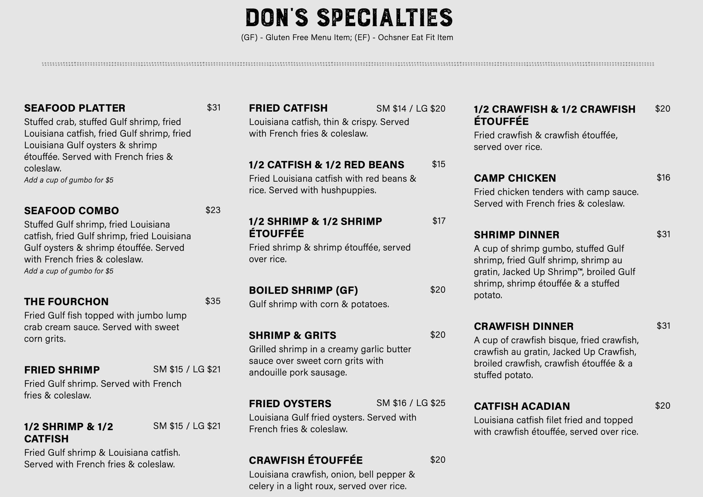 Don's Seafood Specialties Menu