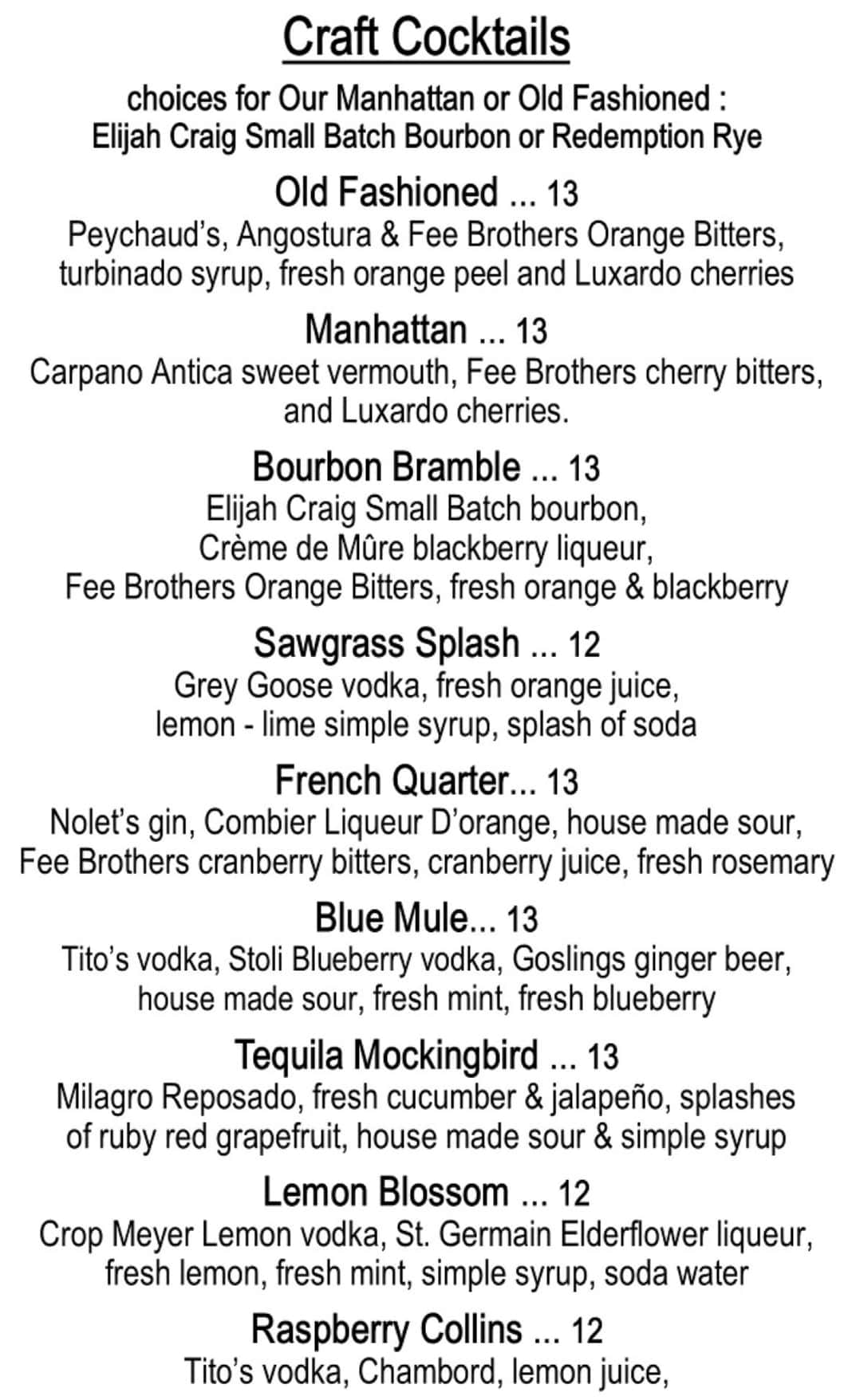 Eleven South Craft Cocktails and Beer Menu